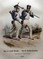 Füsilier-Grenadiere der Kaisergarde Füsilier in Marschuniform 1812 - aus einem Buch von 1847 (Histoire de l'Armée et de tous les régiments...)