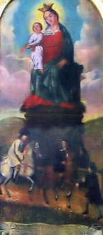Das Votivbild von 1716 ist heute in den rechten Seitenaltar integriert. Unter dem Marienbildnis ist die Szene dargestellt, die der Müller Johann Keck (links auf dem Schimmel) erlebt hat: Der Blutsturz, bei dem er reichlich Blut verloren hat, so dass sein Leben in Gefahr war.  (Fotovorlage: Markus Schneider)
