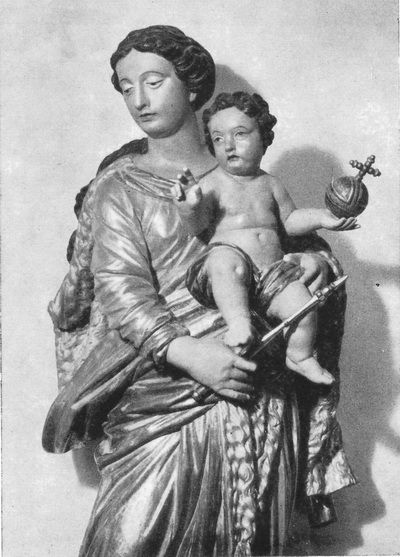 Madonna des Jakob v. d. Auvera Würzburg um 1720, ähnlich einer Hausmadonna in Würzburg, Johannitergasse 19. Neugefaßt 1948. Wuchtiger flämischer Barock.